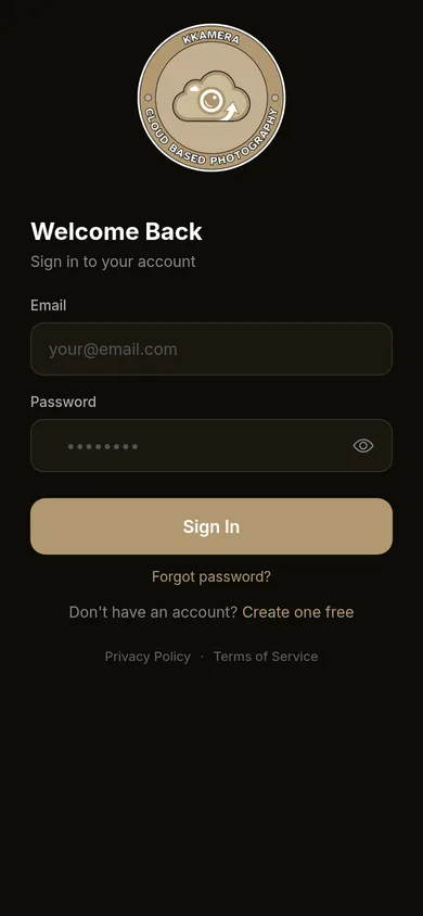 KKamera sign-in screen with the Cloud Based Photography badge logo