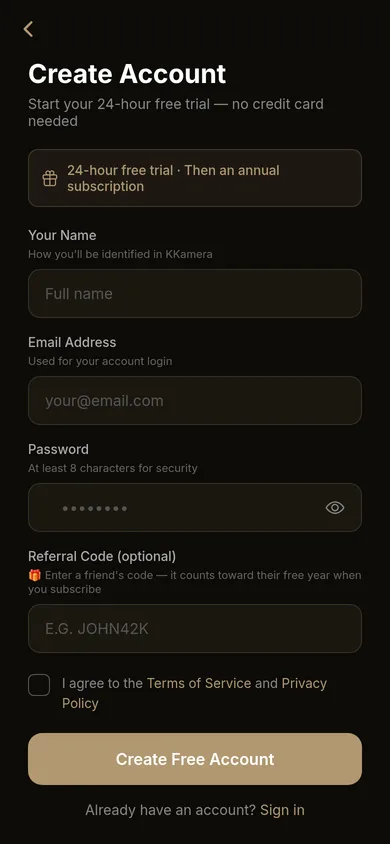 KKamera Create Account screen offering a 24-hour free trial with no credit card needed, with name, email, password and optional referral code fields